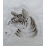 Follower of Leonard Tsuguharu Foujita, Head study of a cat, pen, ink and watercolour,