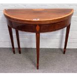 A George III inlaid mahogany semi-elliptic tea table, on tapering square supports,