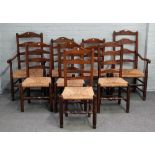 A matched set of eight 19th century ash ladder back dining chairs on turned supports,