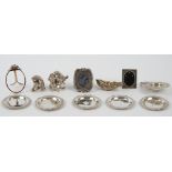 Silver, foreign and plated wares, comprising; a set of six shaped circular small dishes, diameter 9.