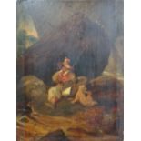 English School (19th century), Fisher boy and his dog seated by a rock, oil on panel, unframed,