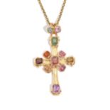 A 9ct gold and varicoloured gemstone set pendant cross by Allan Christensen, Petworth,