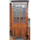 An Edwardian marquetry inlaid satin wood banded floor standing corner display cabinet cupboard with