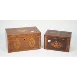 A George III inlaid mahogany rectangular tea caddy with twin lidded interior, 24cm wide x 13cm high,