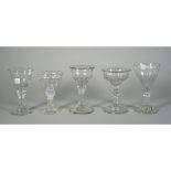 A group of five sweetmeat glasses, circa 1750-1780, four with a pedestal stem and domed foot,