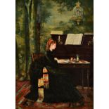 Louise Abbéma (1858-1927), A lady seated at a writing desk by a piano, oil on board,