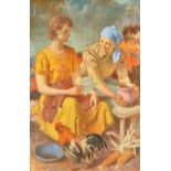 Bela Kontuly (1904-1983), Two women with a cockerel, oil on canvas, signed, 91cm x 59cm.