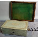 An early 20th century blue painted lift top trunk,
