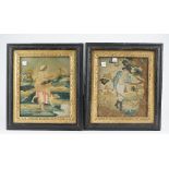 A pair of George III silk pictures, each depicting a figure against a landscape, framed and glazed,