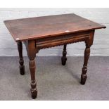 An 18th century oak side table, the cleated twin plank top over single drawer, on turned supports,