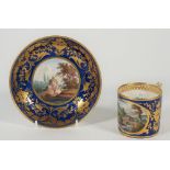 A Derby porcelain blue-ground coffee can and saucer, circa 1815, painted with named views,