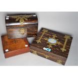 A late Victorian coromandel and brass bound rectangular jewellery box, 26cm wide x 8cm long,
