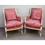 A pair of cream painted parcel gilt square back fauteuils of Louis XVI design,