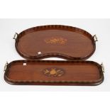 An Edwardian marquetry inlaid mahogany galleried kidney shaped serving tray, 61cm wide,