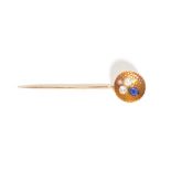 A gold, diamond and sapphire set stick pin, the dished circular top with a trefoil shaped motif,
