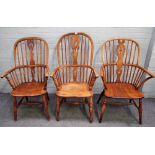 Two 19th century ash and elm Windsor chairs, on turned supports, 65cm wide x 103cm high,
