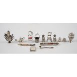 Silver, foreign and plated wares, comprising; a Victorian pepperette with floral,