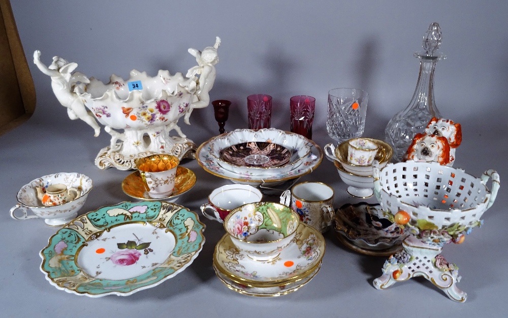 Ceramics, including; Coalport cups and saucers, a Dresden bowl, a pair of Staffordshire figures,