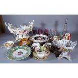 Ceramics, including; Coalport cups and saucers, a Dresden bowl, a pair of Staffordshire figures,