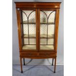An Edwardian inlaid mahogany single door display cabinet with tapering square supports,