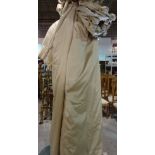 Curtains; a pair of lined and interlined gold curtains, 90cm wide x 245cm drop,