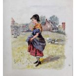 Attributed to Kate Greenaway (1846-1901), Study of a Gypsy girl by a village, watercolour,