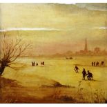 After Pieter Breugel, Skaters in a winter landscape, oil on panel, 30cm x 30cm.