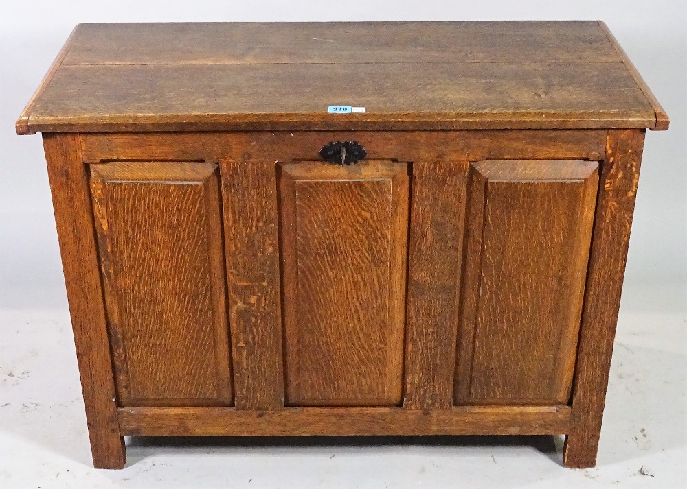 A small 17th century style oak coffer with raised panel decoration, 89cm wide x 63cm high.