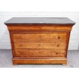 A 19th century French commode, the marble top over a mahogany five drawer base,