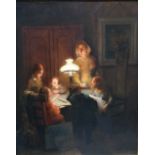 Continental School (19th century), Family in a lamplit interior, oil on panel, 38cm x 30cm.