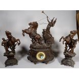 A Spelter clock garniture modelled with horses, 60cm high.