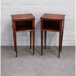 A pair of Louis XVI single bedside tables, each with recess on tapering square supports,