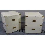 A pair of 20th century white painted campaign style two drawer bedside tables,