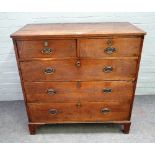 A mid-18th century oak chest of two short and three long graduated drawers on bracket feet,