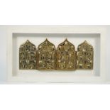 A Russian brass Quadriptych, 19th century, of four arched hinged panels,
