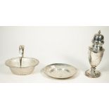 Silver, comprising; a sugar caster, Sheffield 1925, a circular dish, Birmingham 1898, diameter 14.