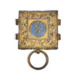 A gilt copper enamel fitting, probably French, of square form,