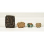 Four Egyptian carvings comprising three scarabs and a small rectangular tablet, 2.5cm, (4).