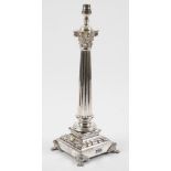 A silver plated table lamp,designed as a Corinthian column,