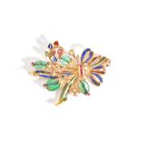 A gold, diamond, ruby, emerald, gem set and enamelled brooch,