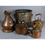 A quantity of mostly early 20th century copper and brass ware including urns, kettles,