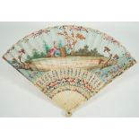 A French painted paper fan, late 18th century, detailed with gallant and companion against painted,