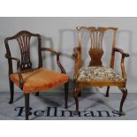 A George III mahogany framed open armchair on cabriole supports,