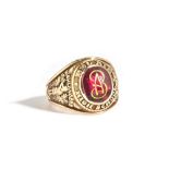 An American gold and cabochon red gem set college ring,