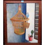 Greenham (20th century), Still life with cacti, bird cage and budgerigar.