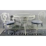 A 20th century white painted metal garden table, with circular glass inset top, 92cm diameter,