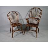 A set of six 19th century ash and elm stick back dining chairs, 57cm wide x 100cm high,