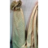 Curtains; two pairs of lined beige and polka dot curtains, the larger 169cm wide x 216cm drop,