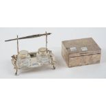 A silver twin bottle pen and inkstand, the stand of shaped rectangular form,