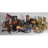 Collectables, including; brass and pewter candlesticks, miniature irons,